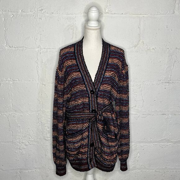 Ulla Johnson Women's Seba Striped Button V-Neck Pocket Belt Cardigan Size Medium - Picture 1 of 9